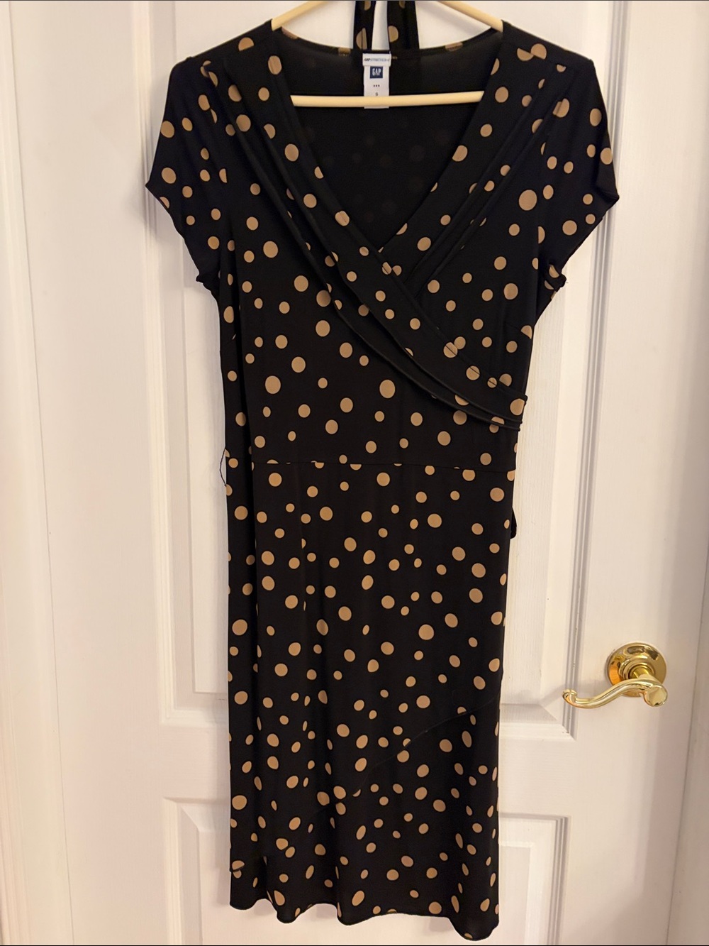 GAP Black Dress with Tan Polka Dots - Faux Wrap V‑Neck